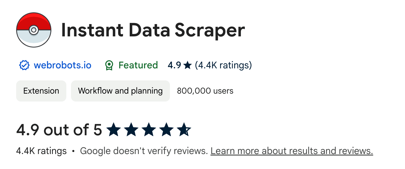 Instant Data Scraper Chrome extension with 4.9 out of 5 stars rating